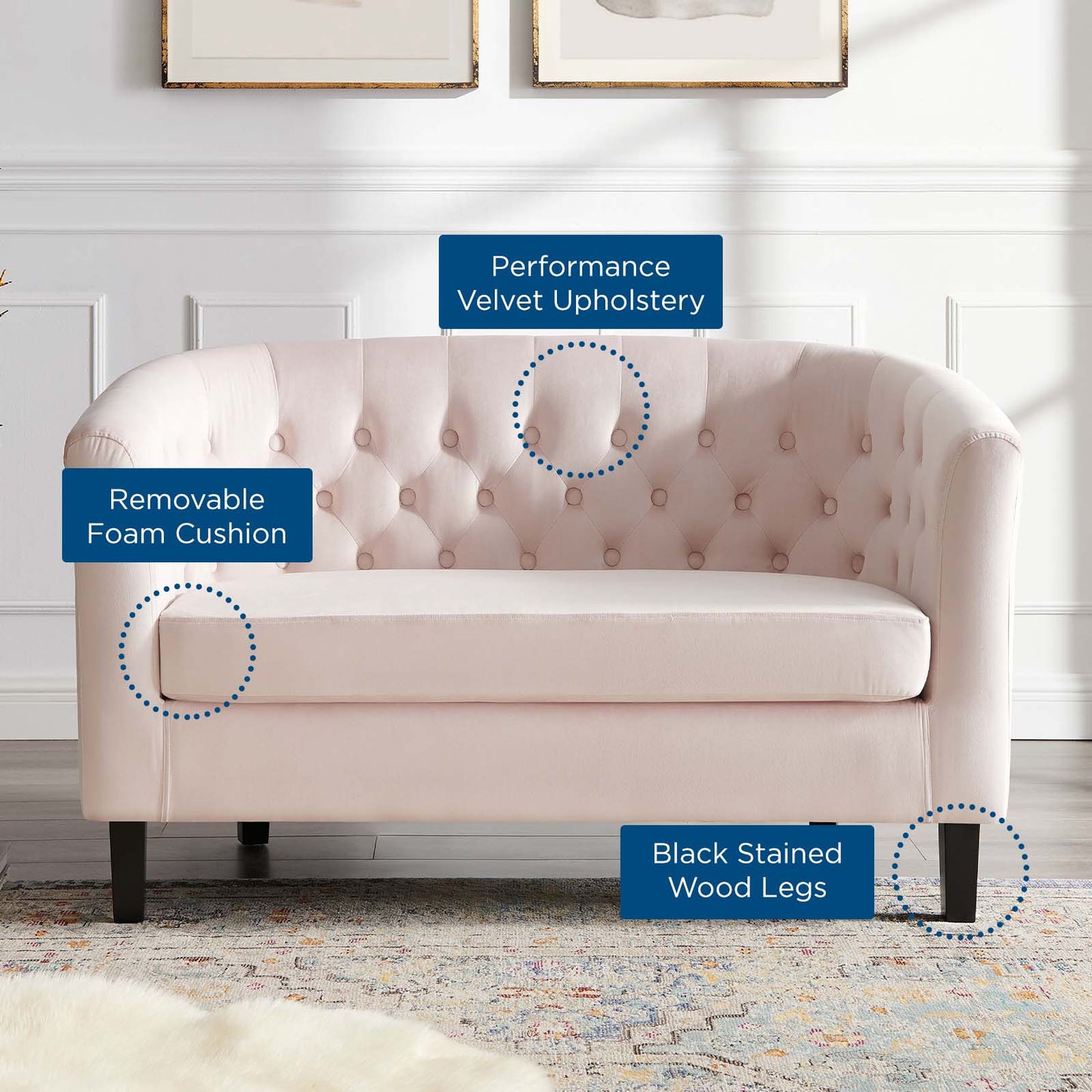 Prospect Performance Velvet Loveseat, Velvet, Pink, 18140