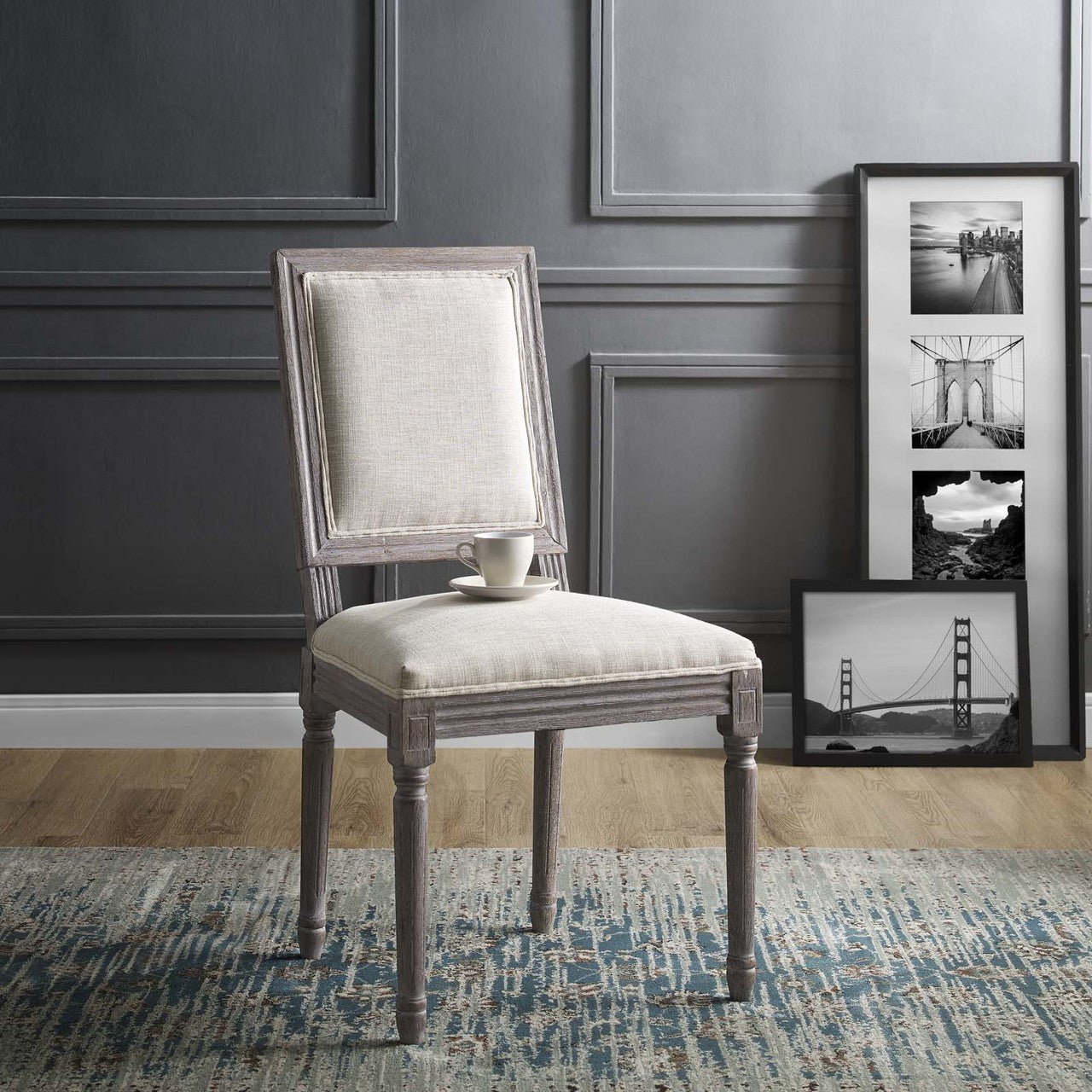 Court Vintage French Upholstered Fabric Dining Side Chair, Fabric, Beige 13632