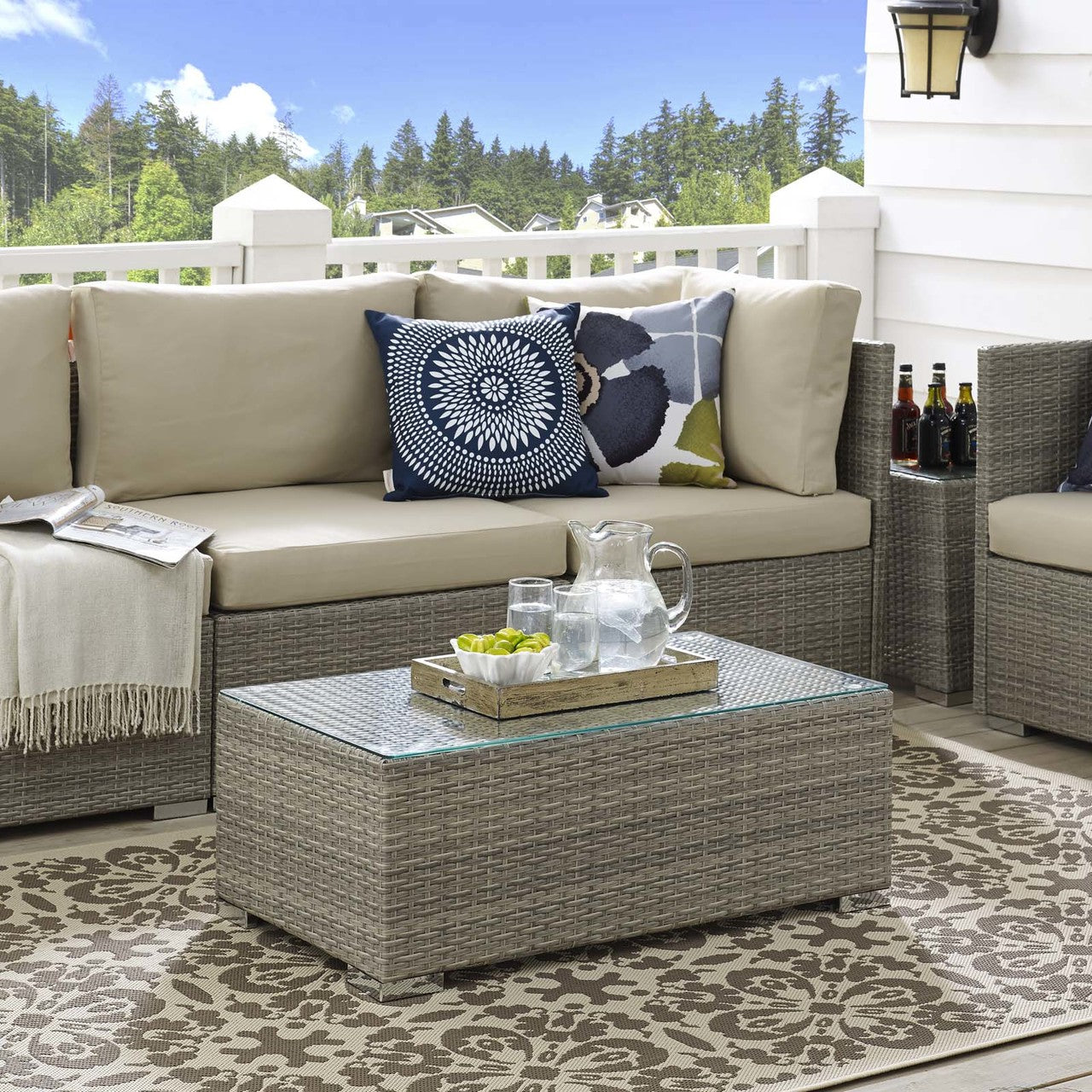 Repose Outdoor Patio Coffee Table, Sunbrella Rattan Wicker Glass, Light Grey Gray 13636