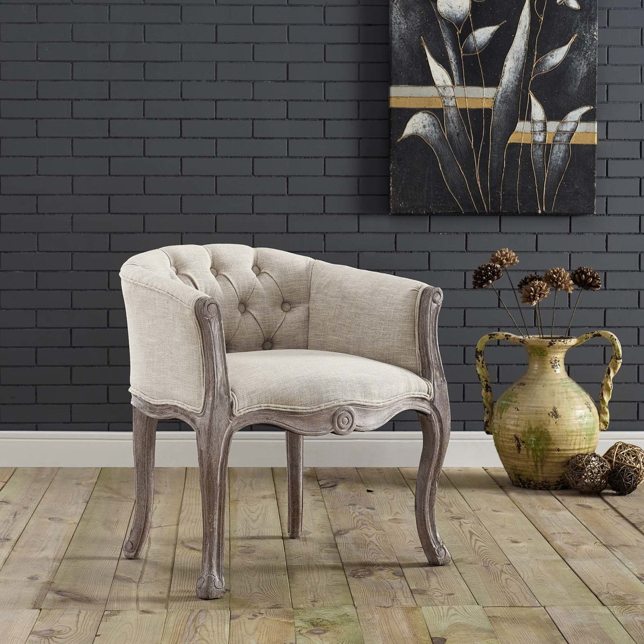 Crown Vintage French Upholstered Fabric Dining Armchair, Fabric, Beige 13666
