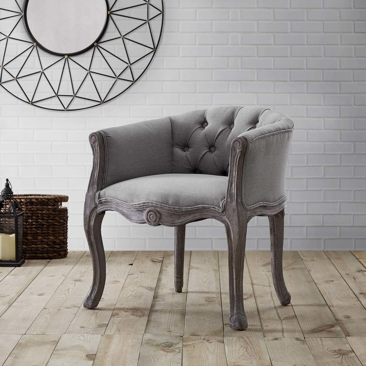 Crown Vintage French Upholstered Fabric Dining Armchair, Fabric, Light Grey Gray 13667