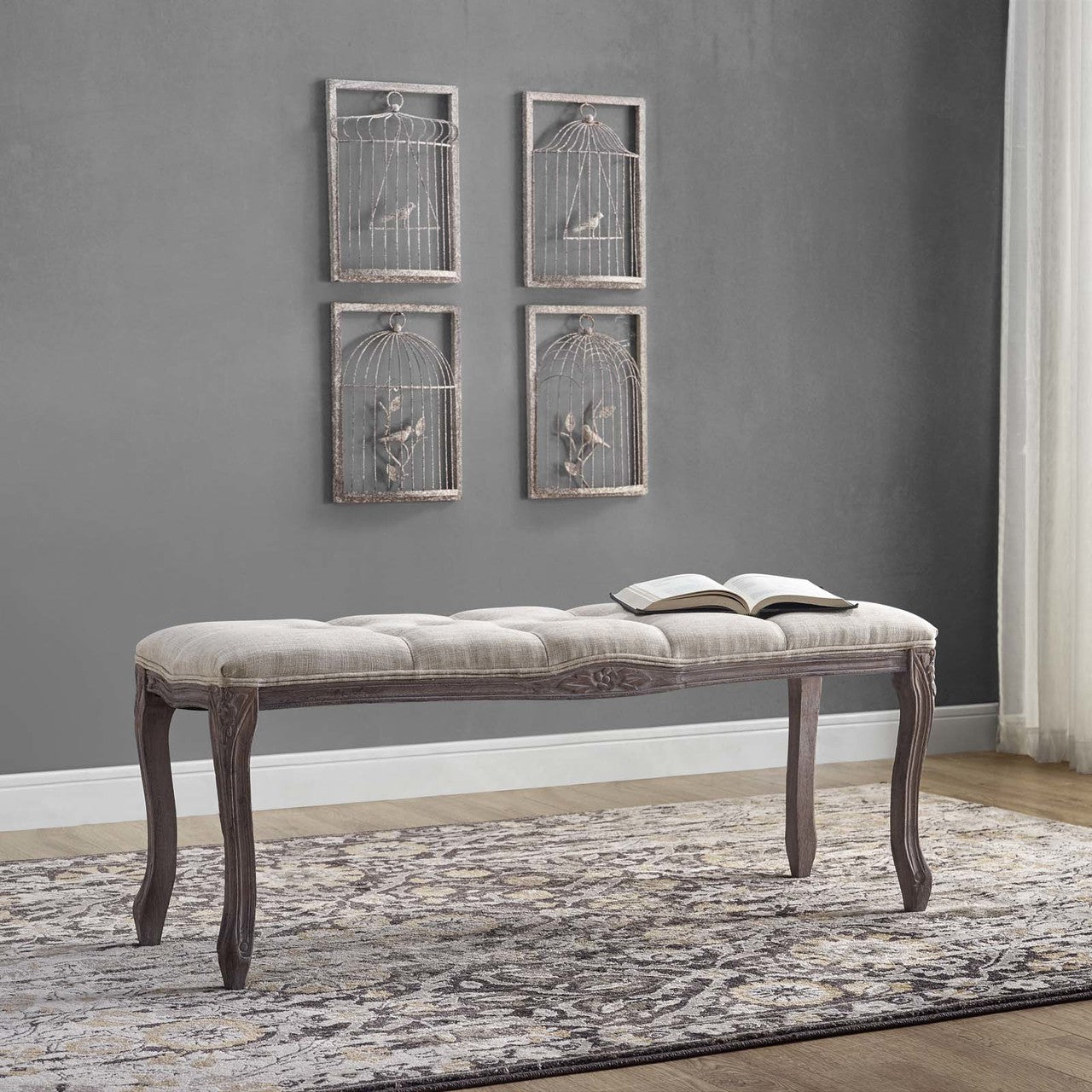 Regal Vintage French Upholstered Fabric Bench, Fabric Wood, Beige 13668