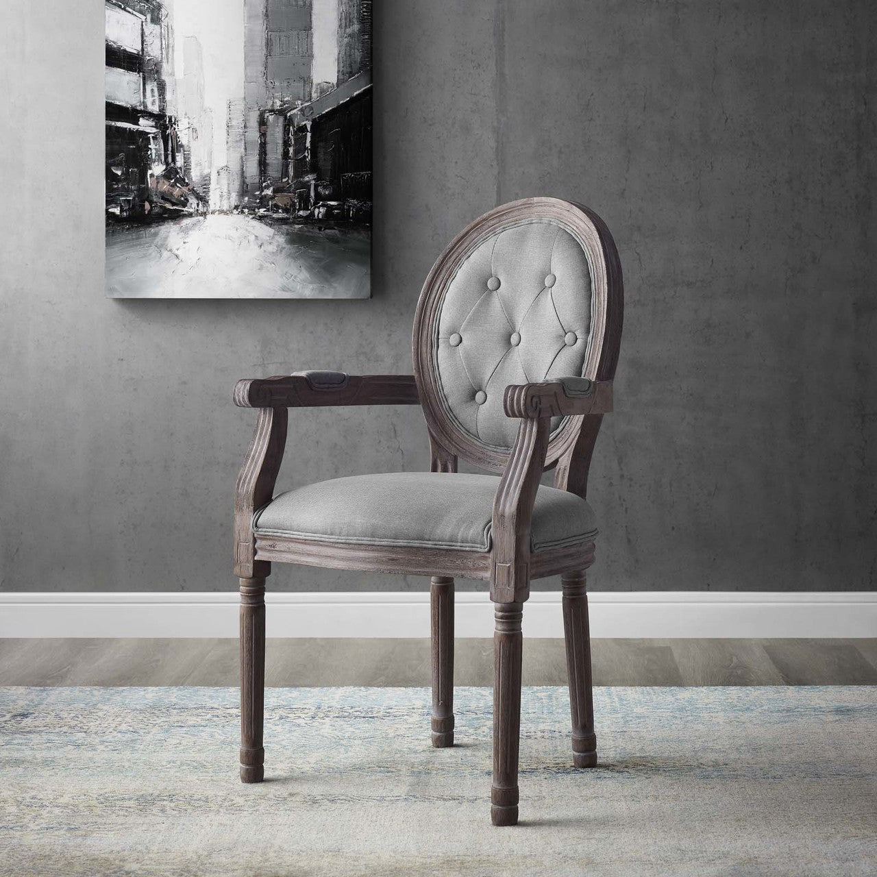 Arise Vintage French Upholstered Fabric Dining Armchair, Fabric, Light Grey Gray 13673