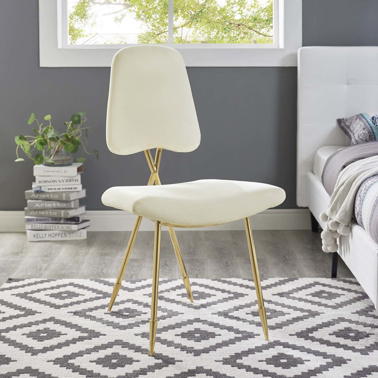 Ponder Upholstered Velvet Dining Side Chair, Velvet Fabric Metal Steel, Ivory White 13693