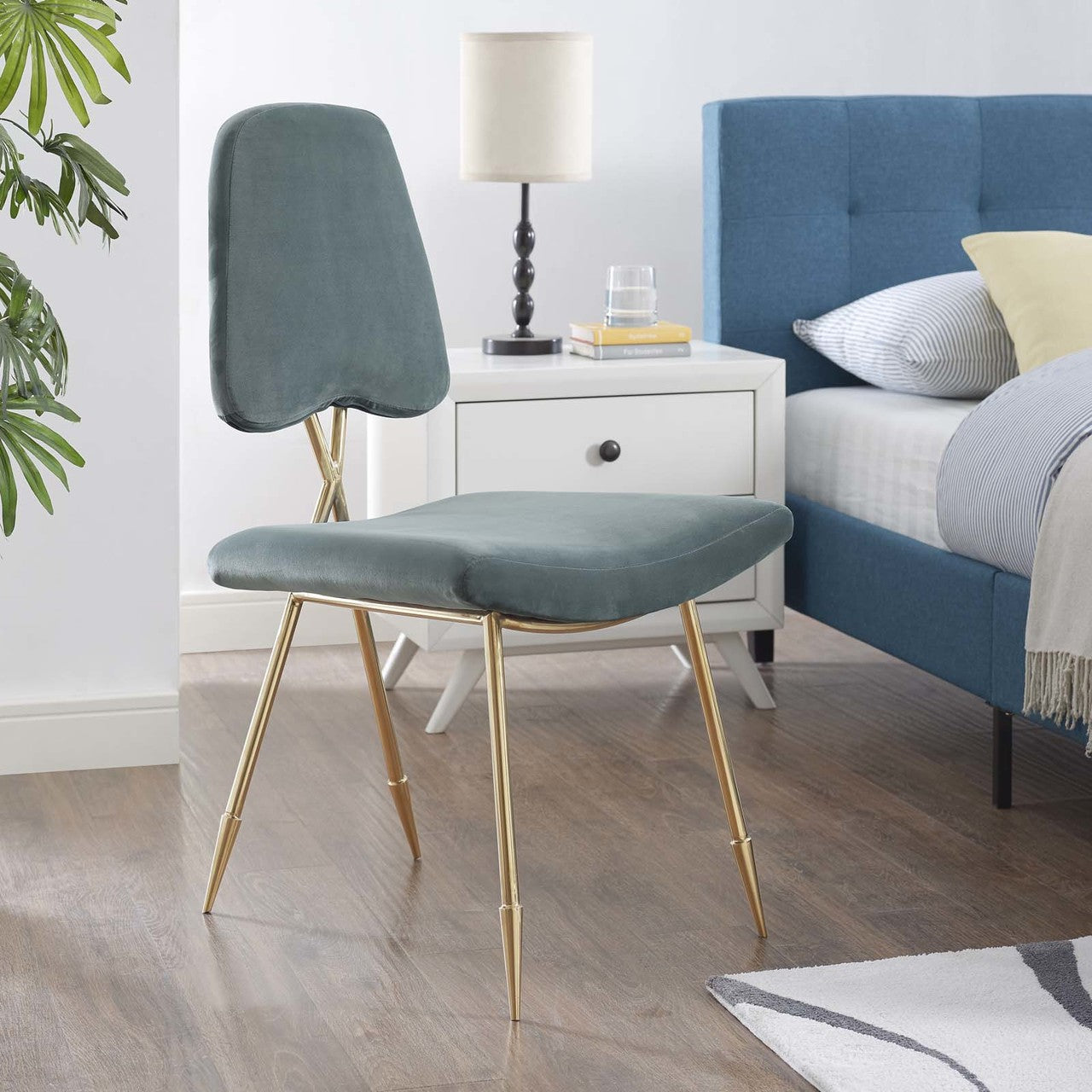 Ponder Upholstered Velvet Dining Side Chair, Velvet Fabric Metal Steel, Blue 13695