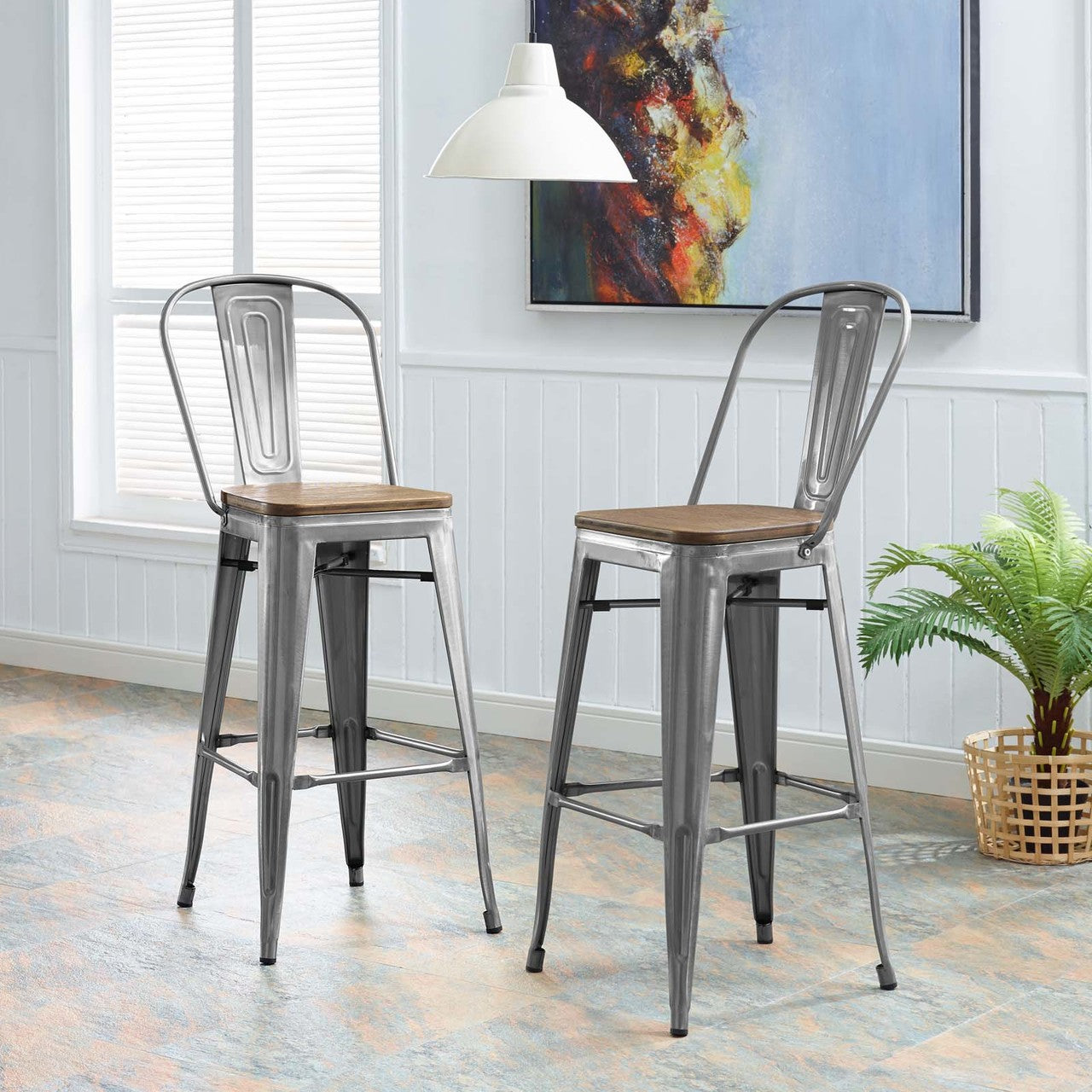 Promenade Bar Stool, Metal Steel Wood, Silver 13702