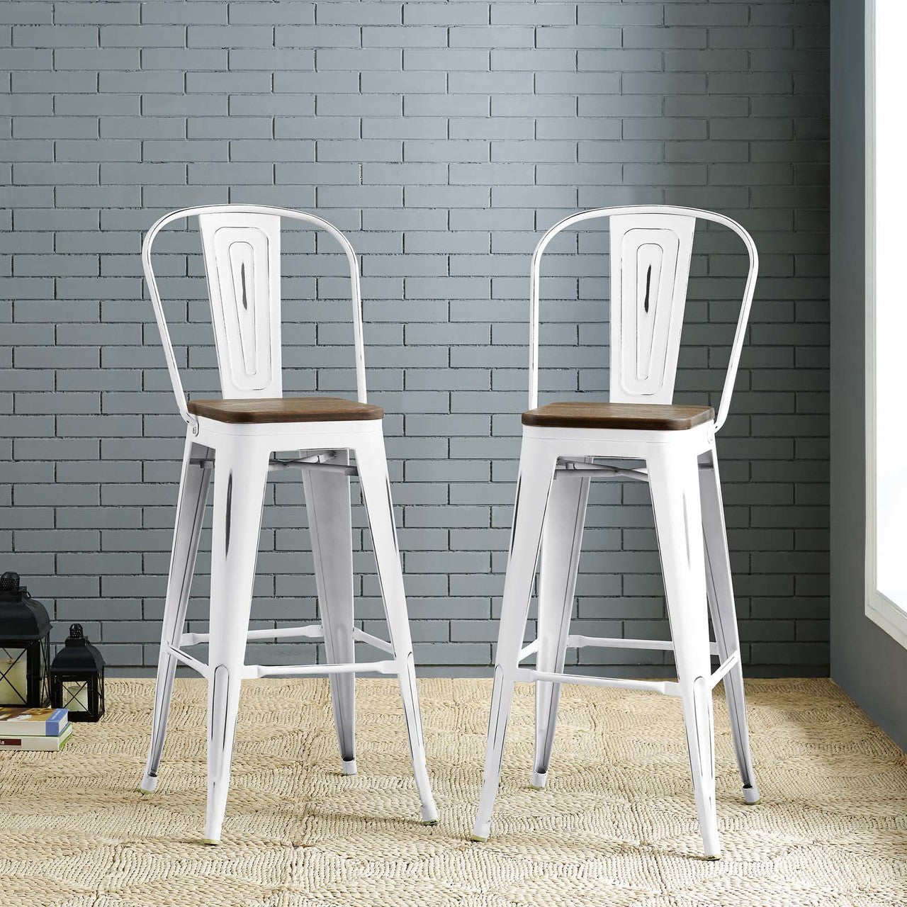 Promenade Metal Bar Stool, Metal Steel Wood, White 13710