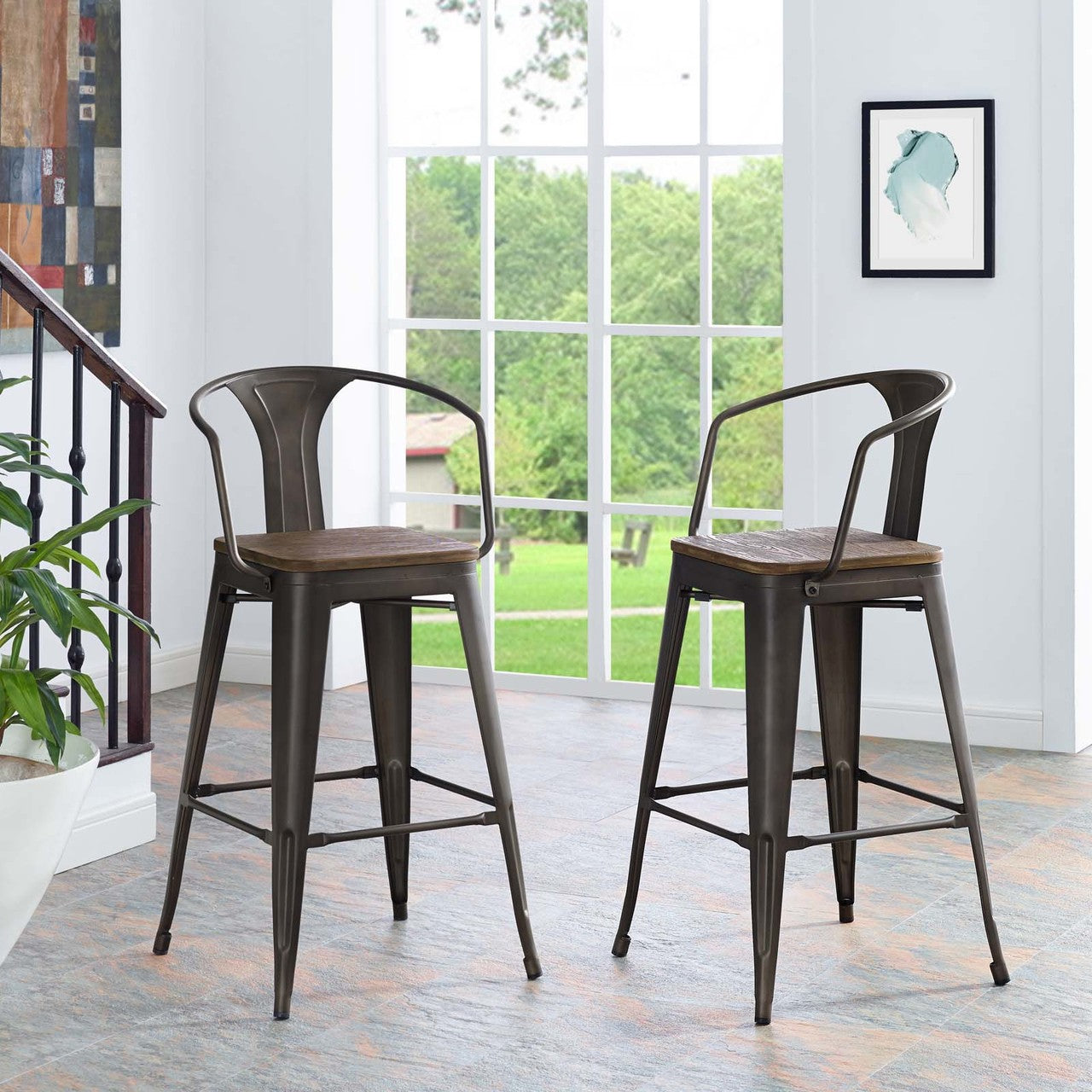 Promenade Bar Stool, Metal Steel Wood, Brown 13715