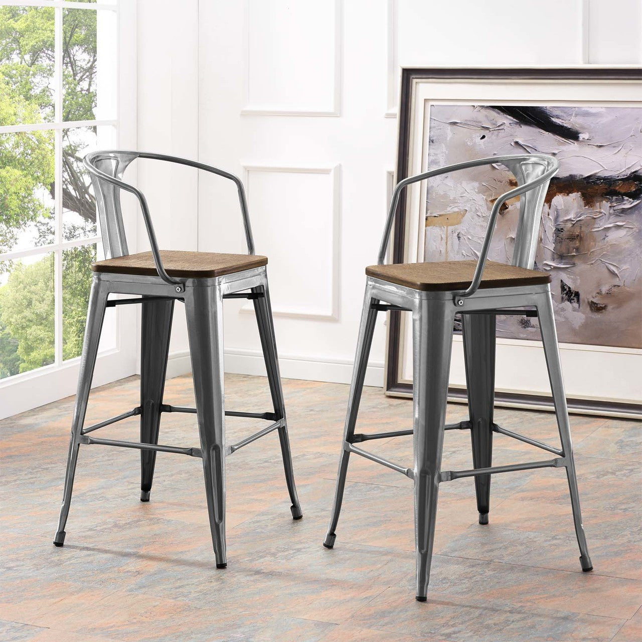 Promenade Bar Stool, Metal Steel Wood, Silver 13716