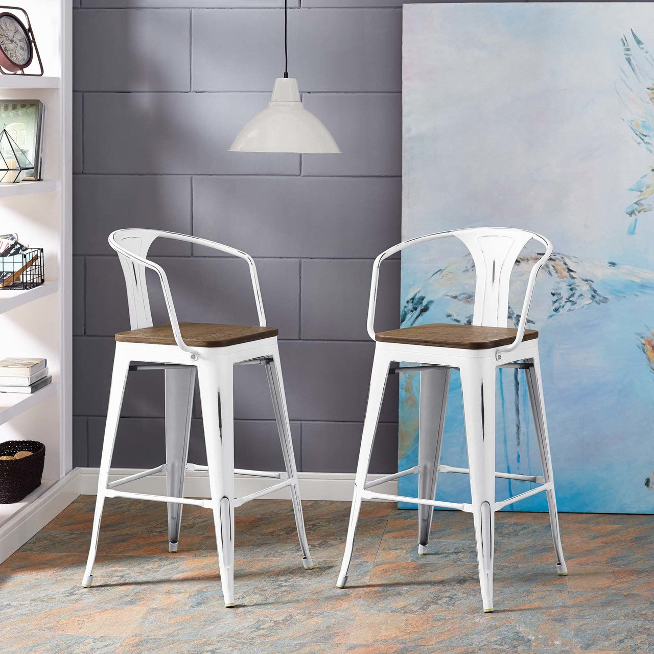 Promenade Bar Stool, Metal Steel Wood, White 13717