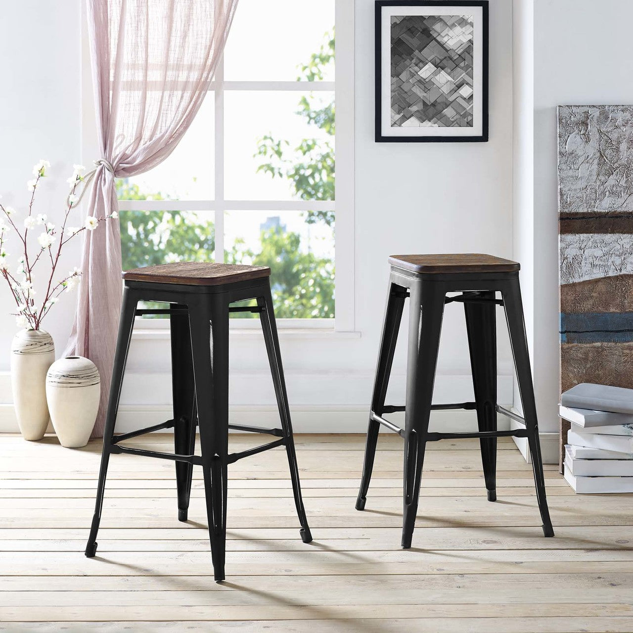 Promenade Bar Stool, Metal Steel Wood, Black 13718