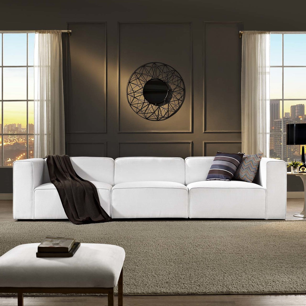 Mingle 3 Piece Upholstered Fabric Sofa Set, Fabric, White 13737
