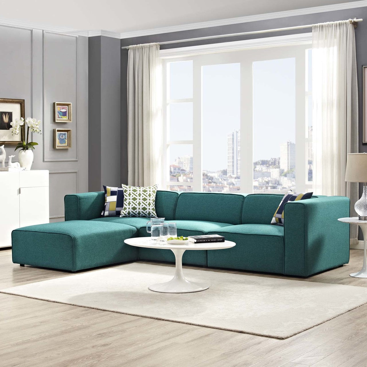 Mingle 4 Piece Upholstered Fabric Sectional Sofa Set, Fabric, Aqua Blue 13744