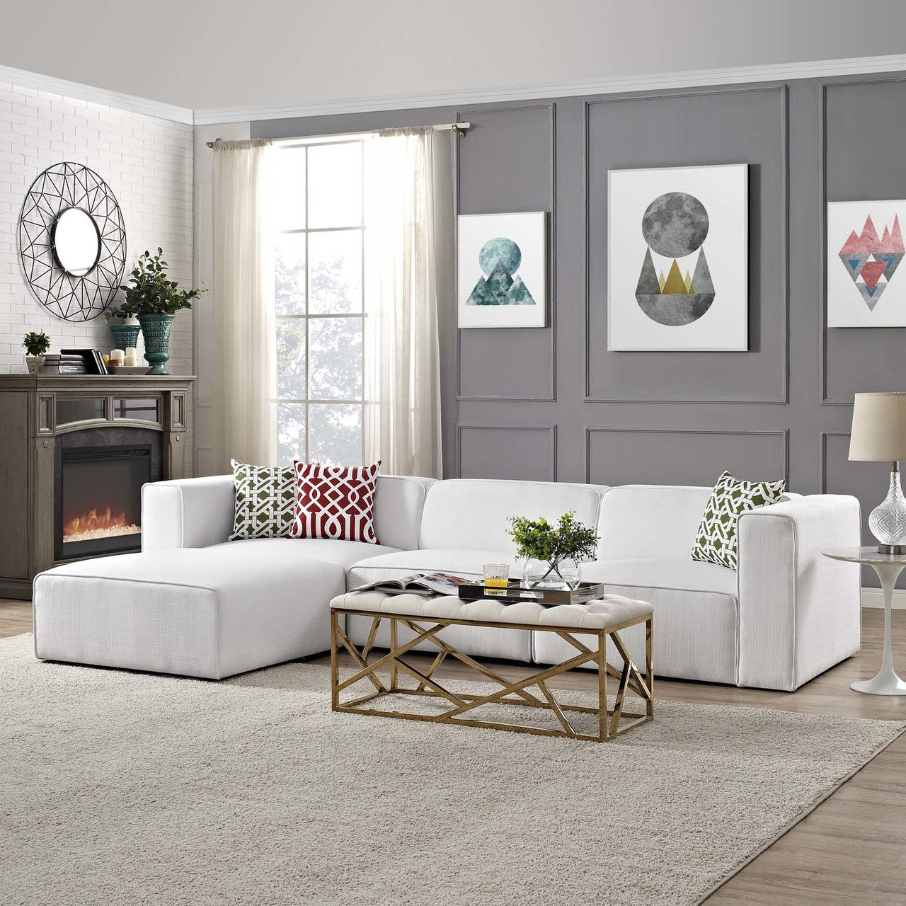 Mingle 4 Piece Upholstered Fabric Sectional Sofa Set, Fabric, White 13745