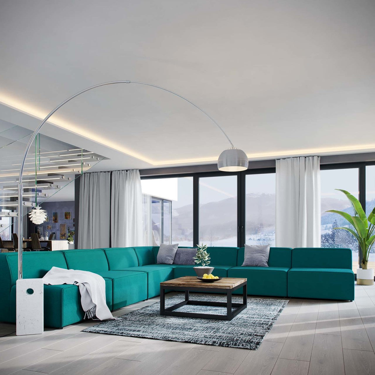 Mingle 7 Piece Upholstered Fabric Sectional Sofa Set, Fabric, Aqua Blue 13764