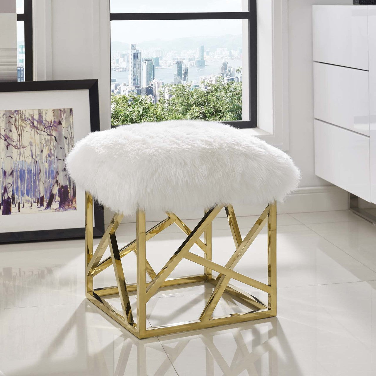 Intersperse Sheepskin Ottoman, Metal Steel Skin, Gold White 13767