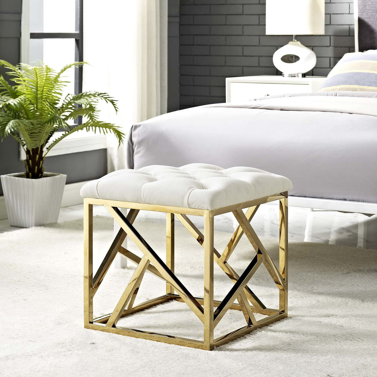 Intersperse Ottoman, Velvet Fabric Metal Steel, Gold Ivory 13770