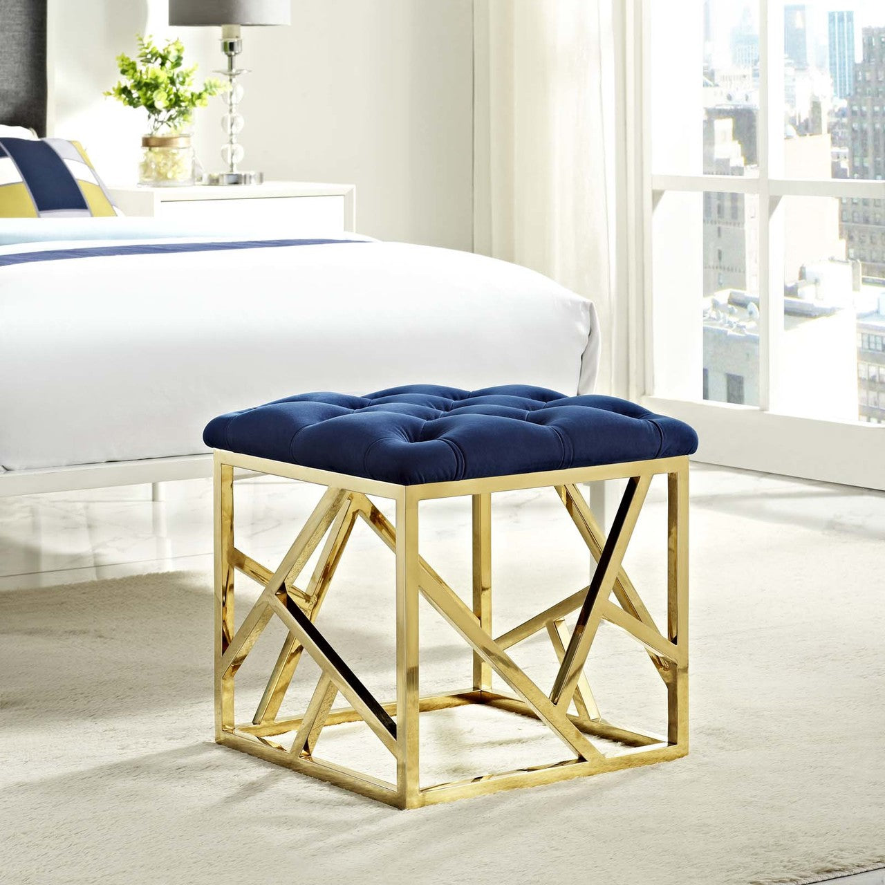 Intersperse Ottoman, Velvet Fabric Metal Steel, Gold Navy 13771