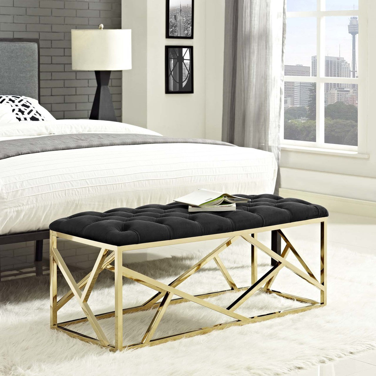 Intersperse Bench, Velvet Fabric Metal Steel, Gold Black 13773