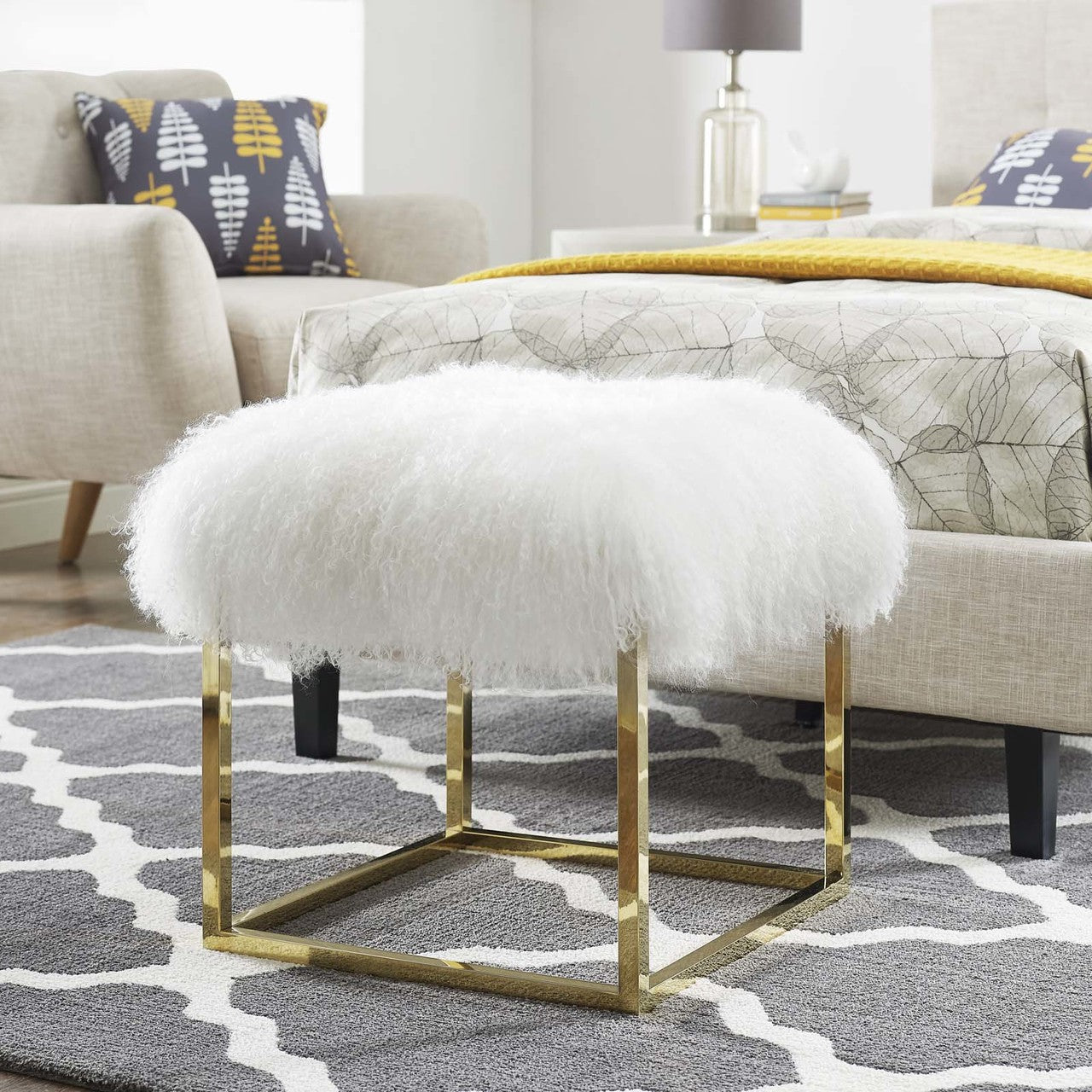 Anticipate Ottoman, Velvet Fabric Metal Steel, Gold White 13777
