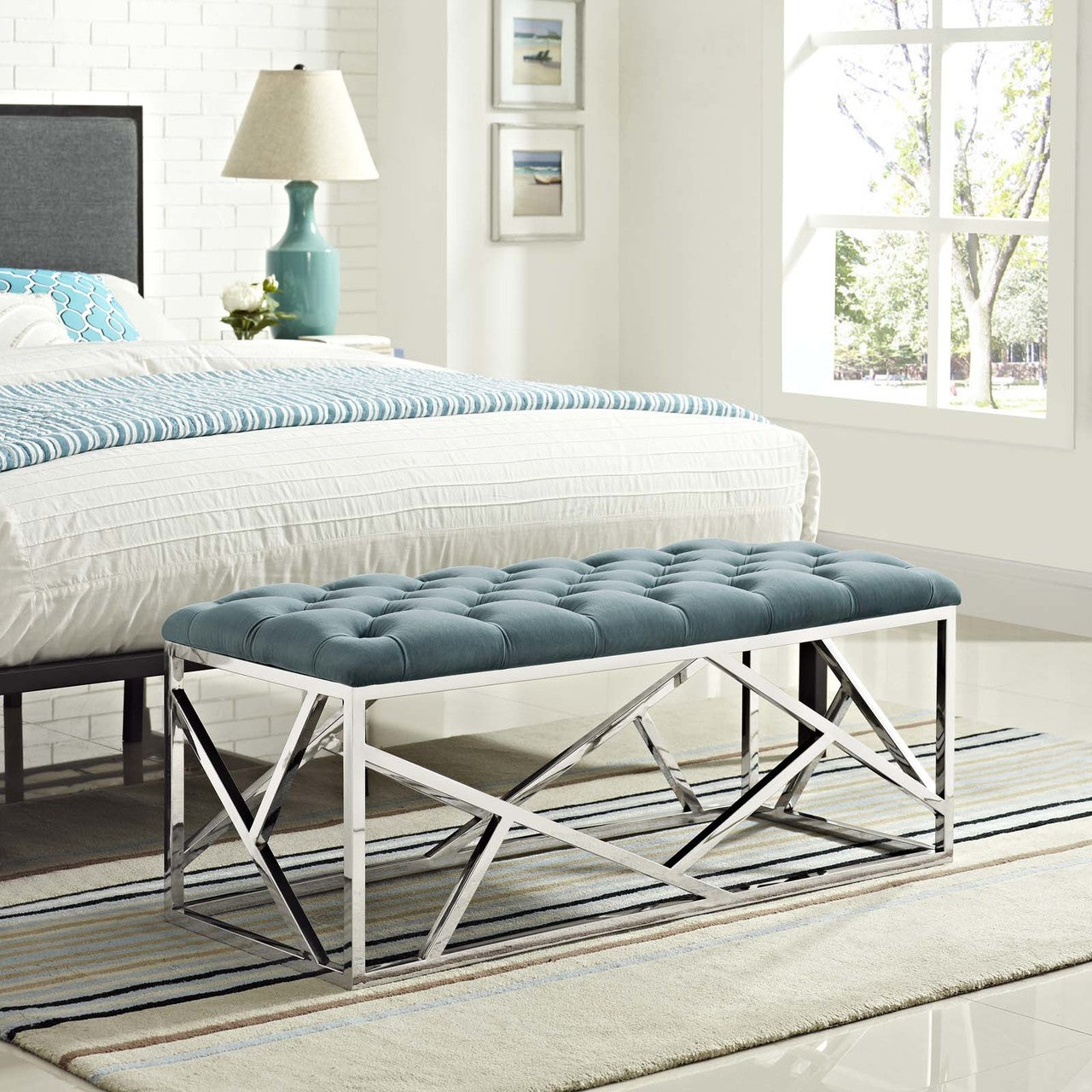 Intersperse Bench, Velvet Fabric Metal Steel, Blue 13815
