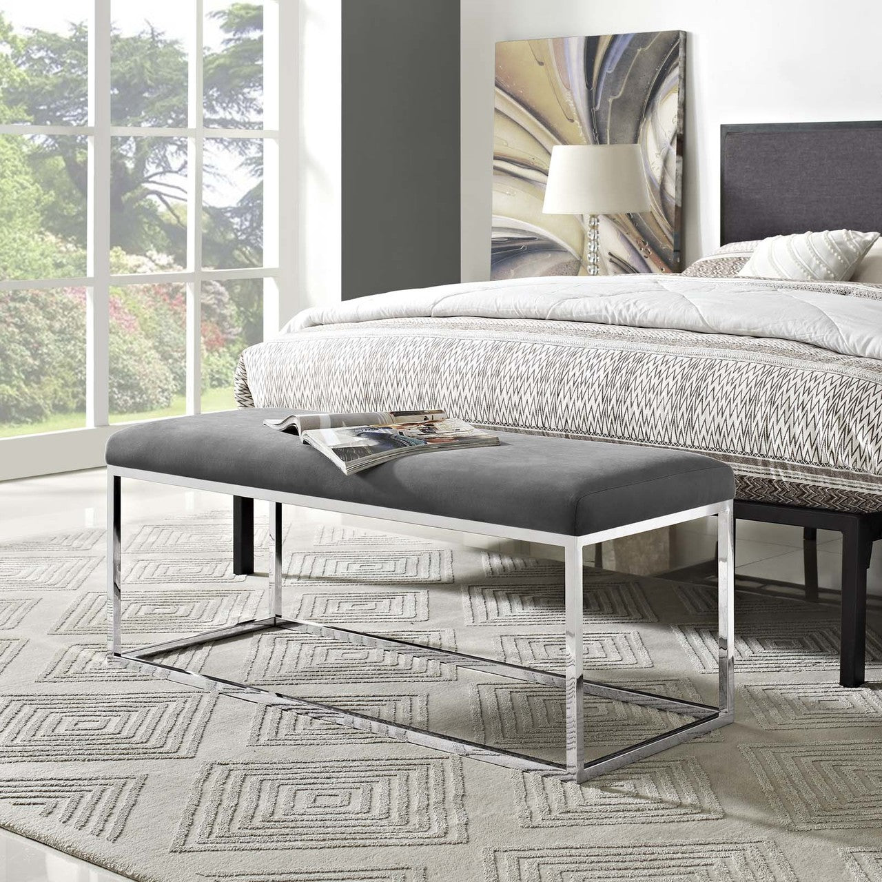 Anticipate Velvet Bench, Velvet Fabric Metal Steel, Grey Gray 13818