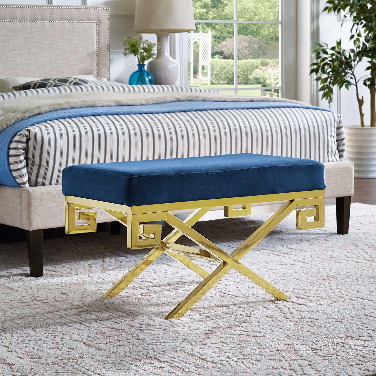 Rove Velvet Bench, Velvet Fabric Metal Steel, Gold Navy 13833