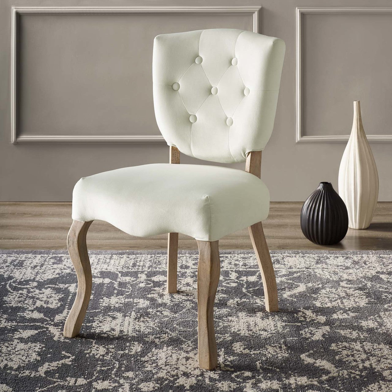 Array Vintage French Dining Side Chair, Velvet Fabric Metal Steel, Ivory White 13837