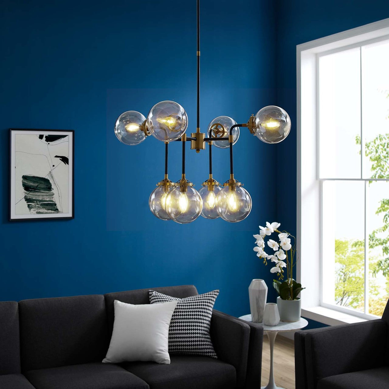 Ambition Amber Glass And Antique Brass 8 Light Pendant Chandelier, Metal Steel, Gold 15274