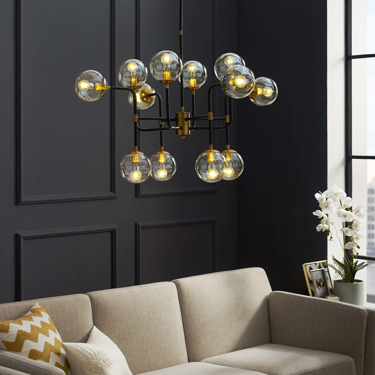 Ambition Amber Glass And Antique Brass 12 Light Pendant Chandelier, Metal Steel, Gold 15275