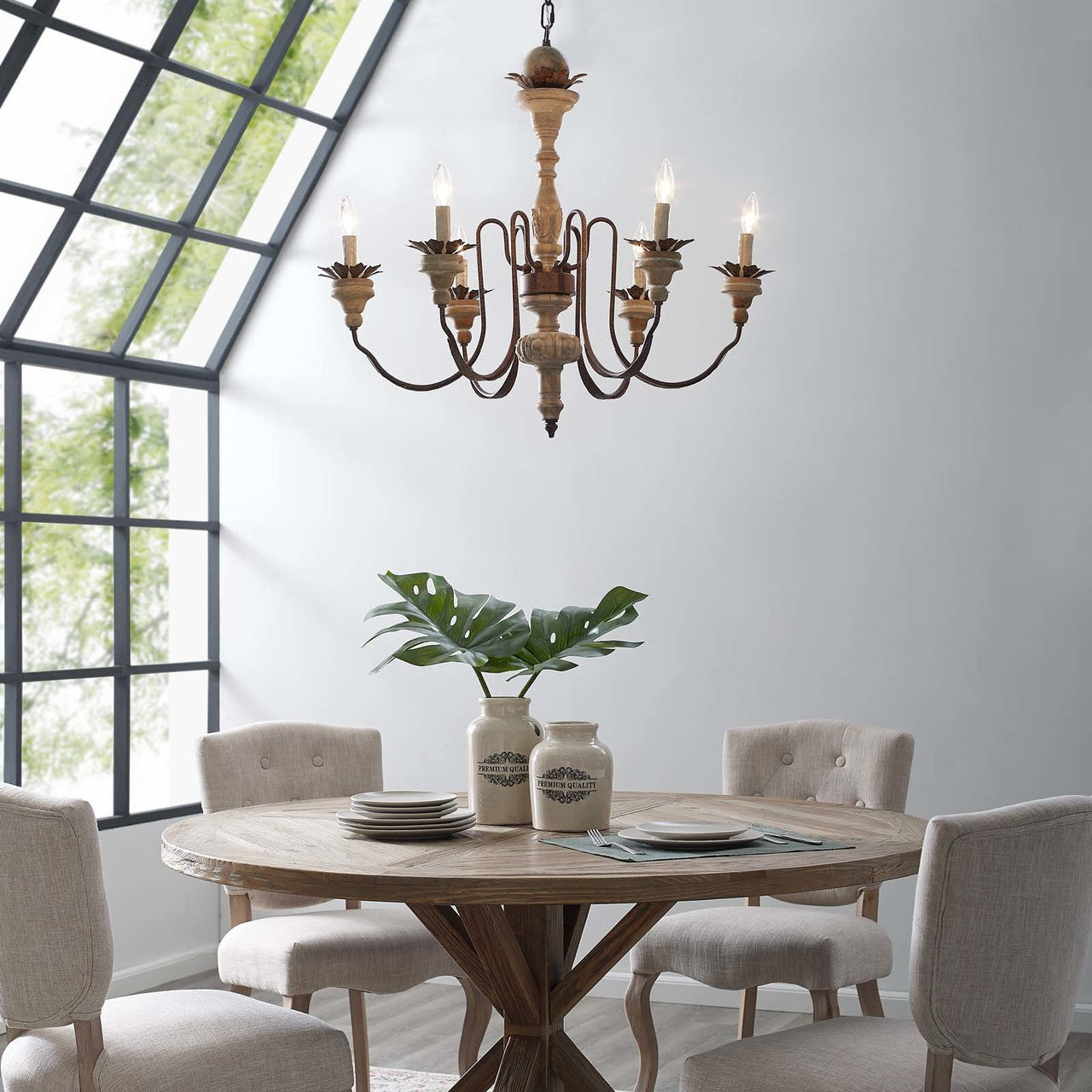 Bountiful Vintage French Pendant Ceiling Light Candelabra Chandelier, Metal Steel Wood, Natural Brown 15276