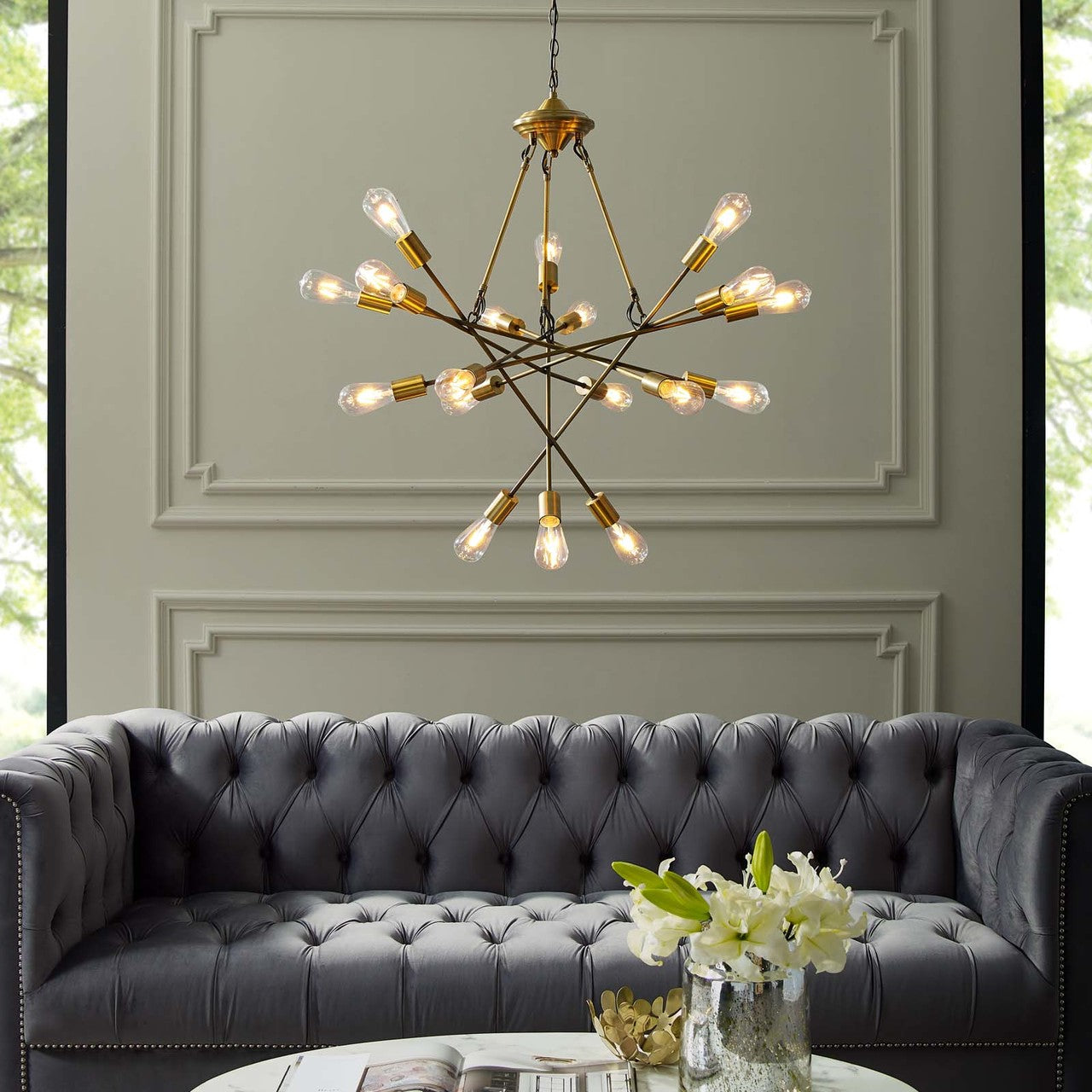 Request Antique Brass 18 Light Mid-Century Pendant Chandelier, Metal Steel, Gold 15278