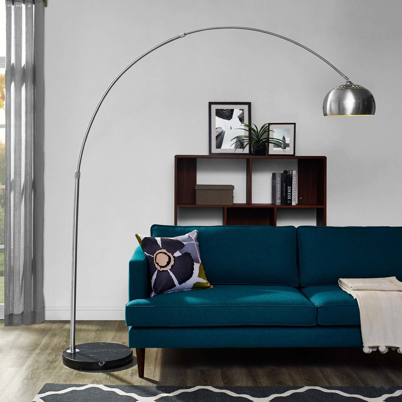 Sunflower Round Marble Base Floor Lamp, Metal Steel Marble, Black 13853