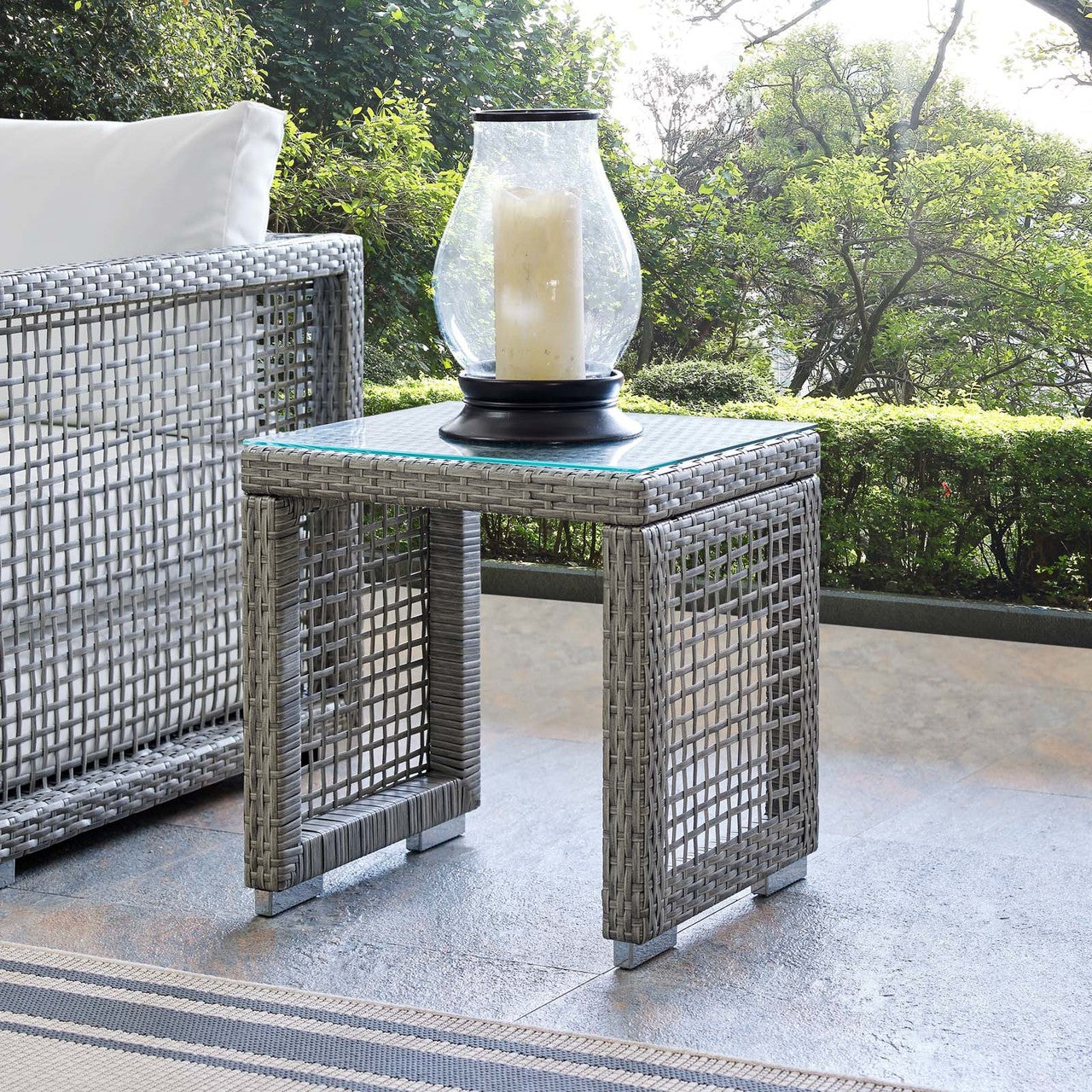Aura Outdoor Patio Wicker Rattan Side Table, Rattan, Wicker, Glass, Grey Gray 13872