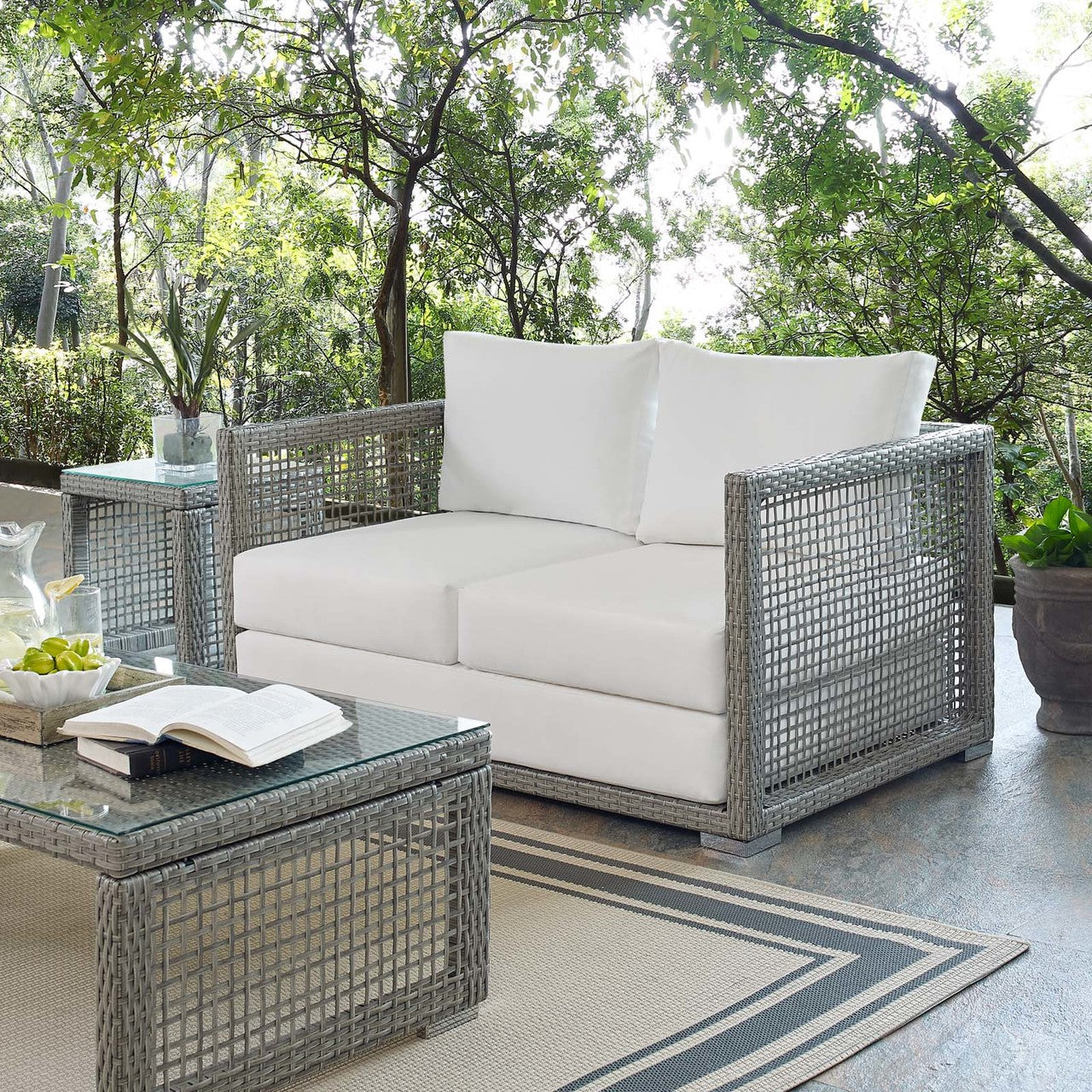 Aura Outdoor Patio Wicker Rattan Loveseat, Rattan Wicker, Grey Gray White 13878