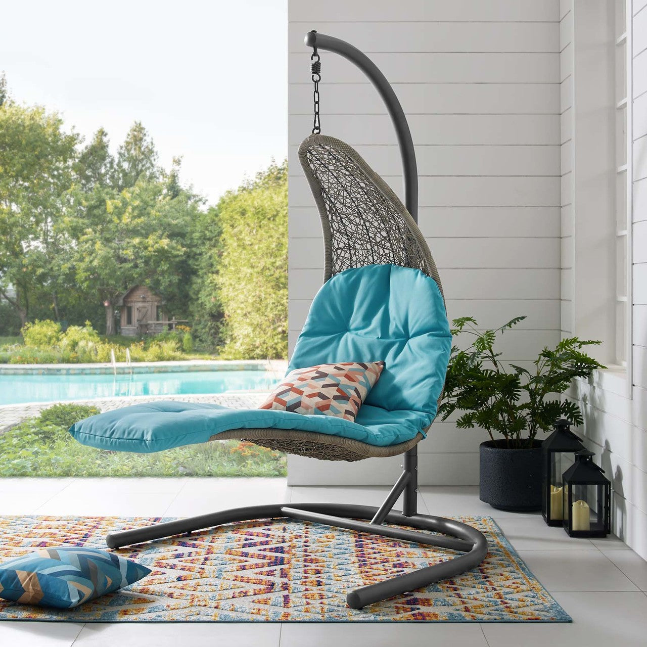 Landscape Hanging Chaise Lounge Outdoor Patio Swing Chair, Rattan Wicker, Blue Light Gray 15187