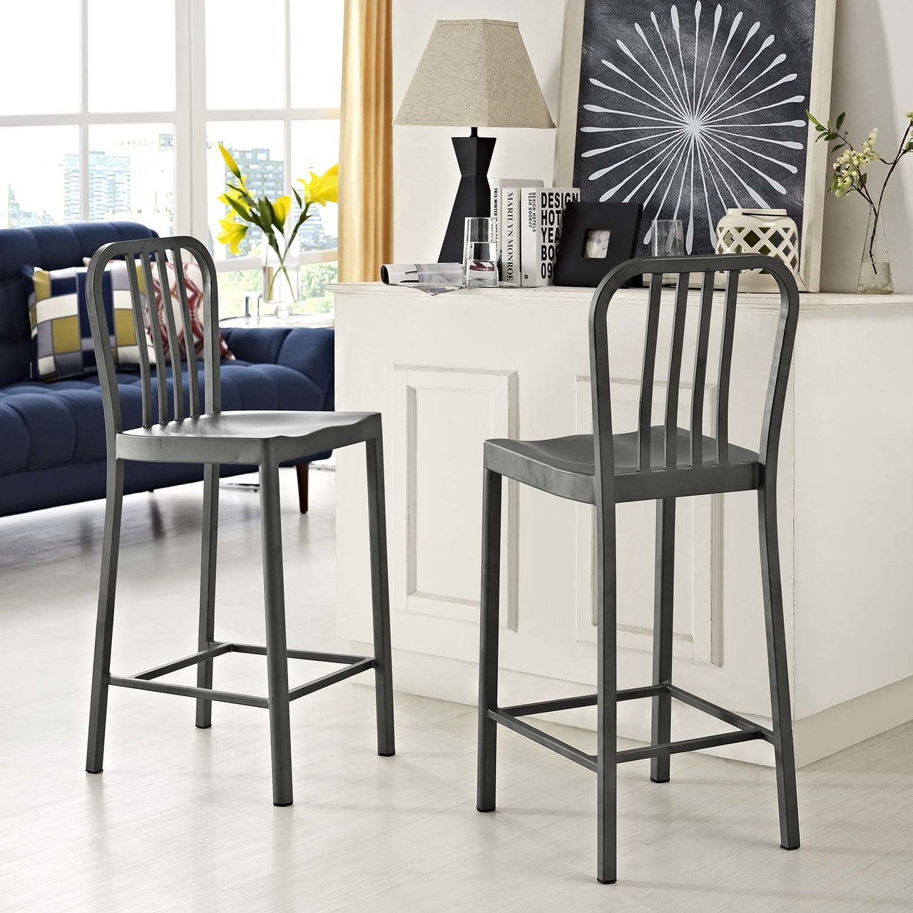 Clink Counter Stool Set of 2, Metal Steel, Silver 13889