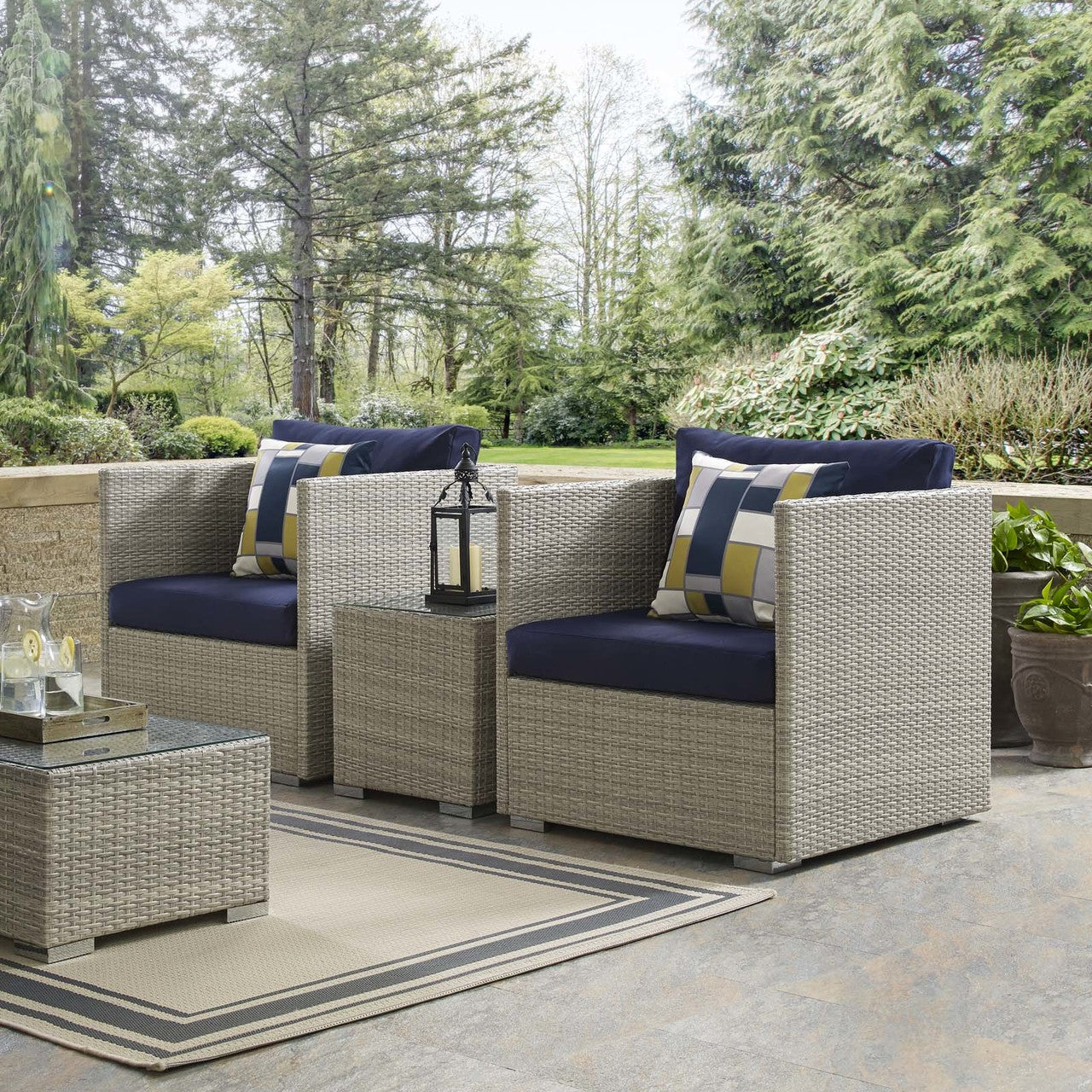Repose Sunbrella® Fabric Outdoor Patio Armchair, Sunbrella Rattan Wicker, Navy Blue Light Gray 13913