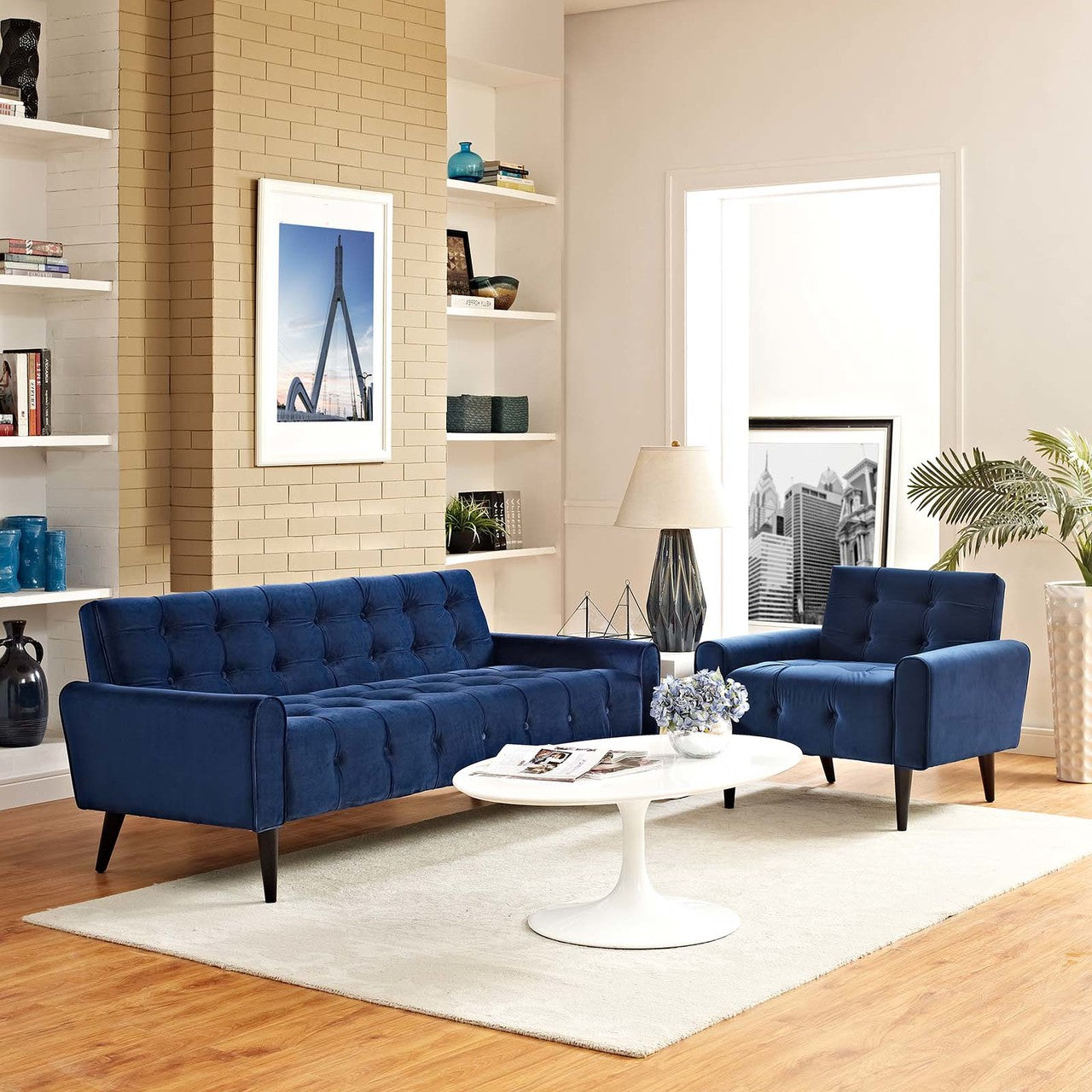 Delve Living Room Set Velvet Set of 2, Velvet Fabric, Navy Blue 13934