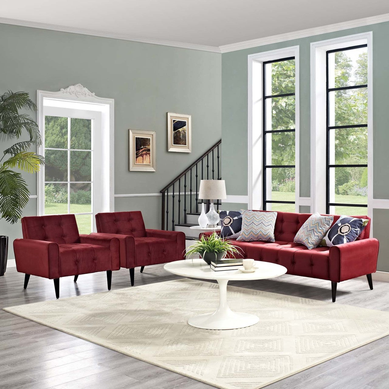 Delve Living Room Set Velvet Set of 3, Velvet Fabric, Red 13937
