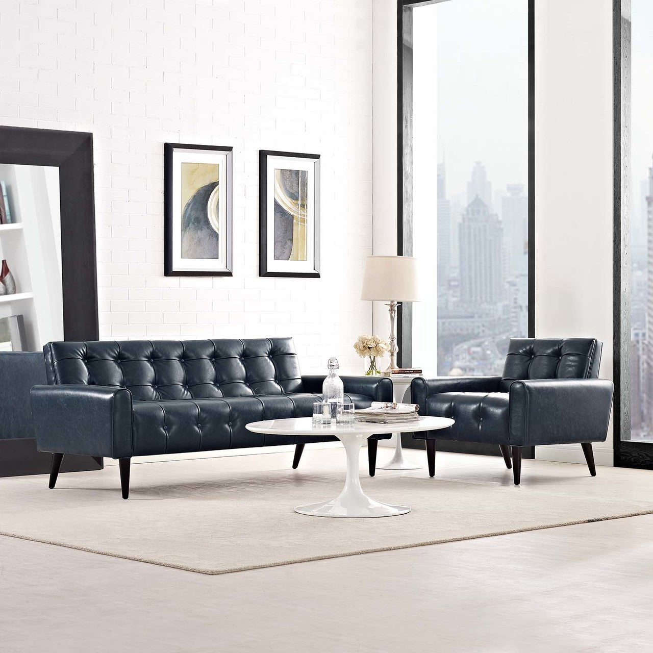 Delve 2 Piece Upholstered Vinyl Sofa and Armchair Set, Faux Vinyl Leather, Blue 13939