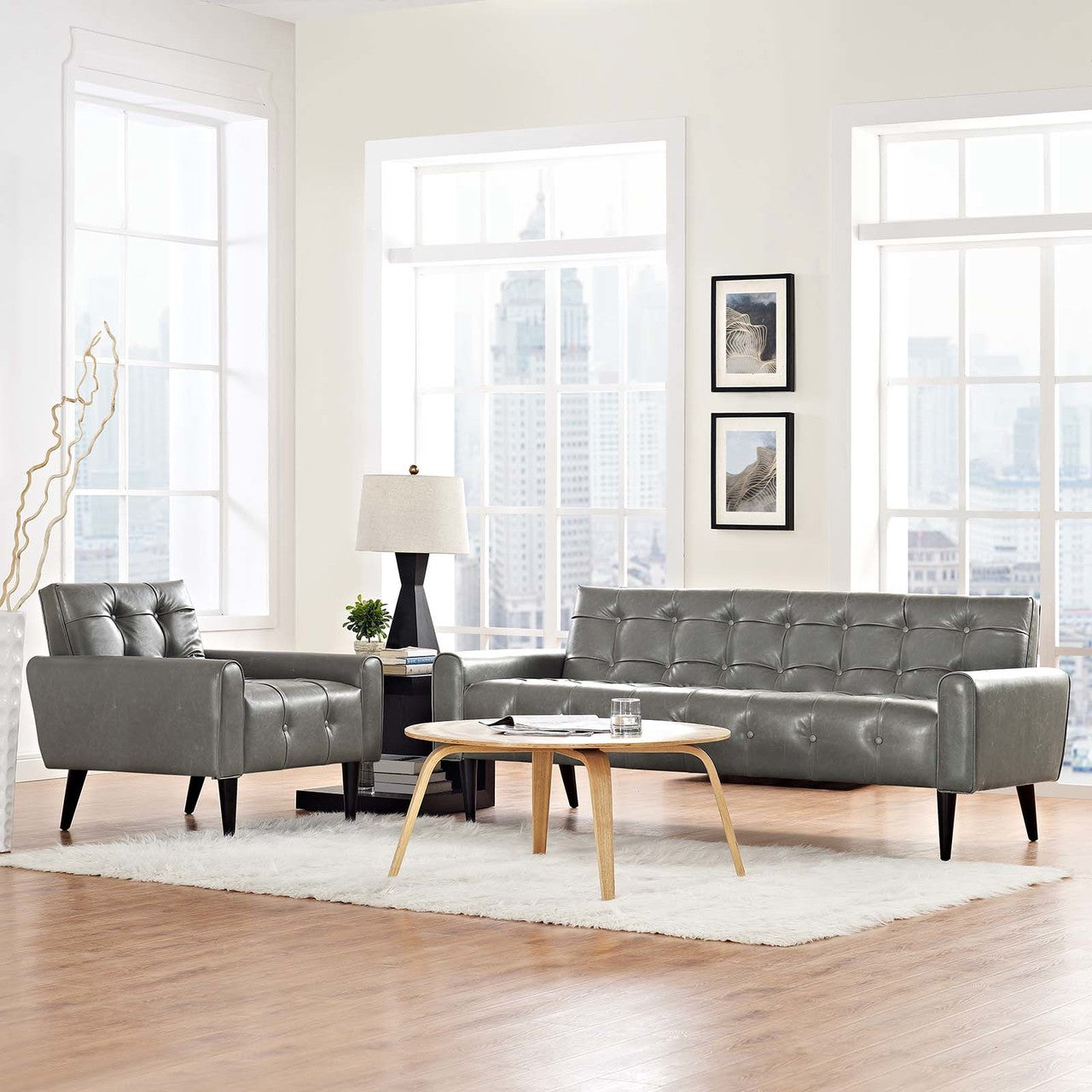 Delve 2 Piece Upholstered Vinyl Sofa and Armchair Set, Faux Vinyl Leather, Grey Gray 13940