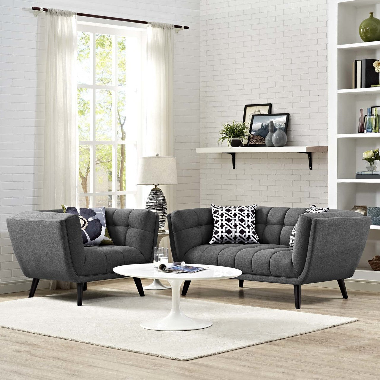 Bestow 2 Piece Upholstered Fabric Loveseat and Armchair Set, Fabric, Grey Gray 13942