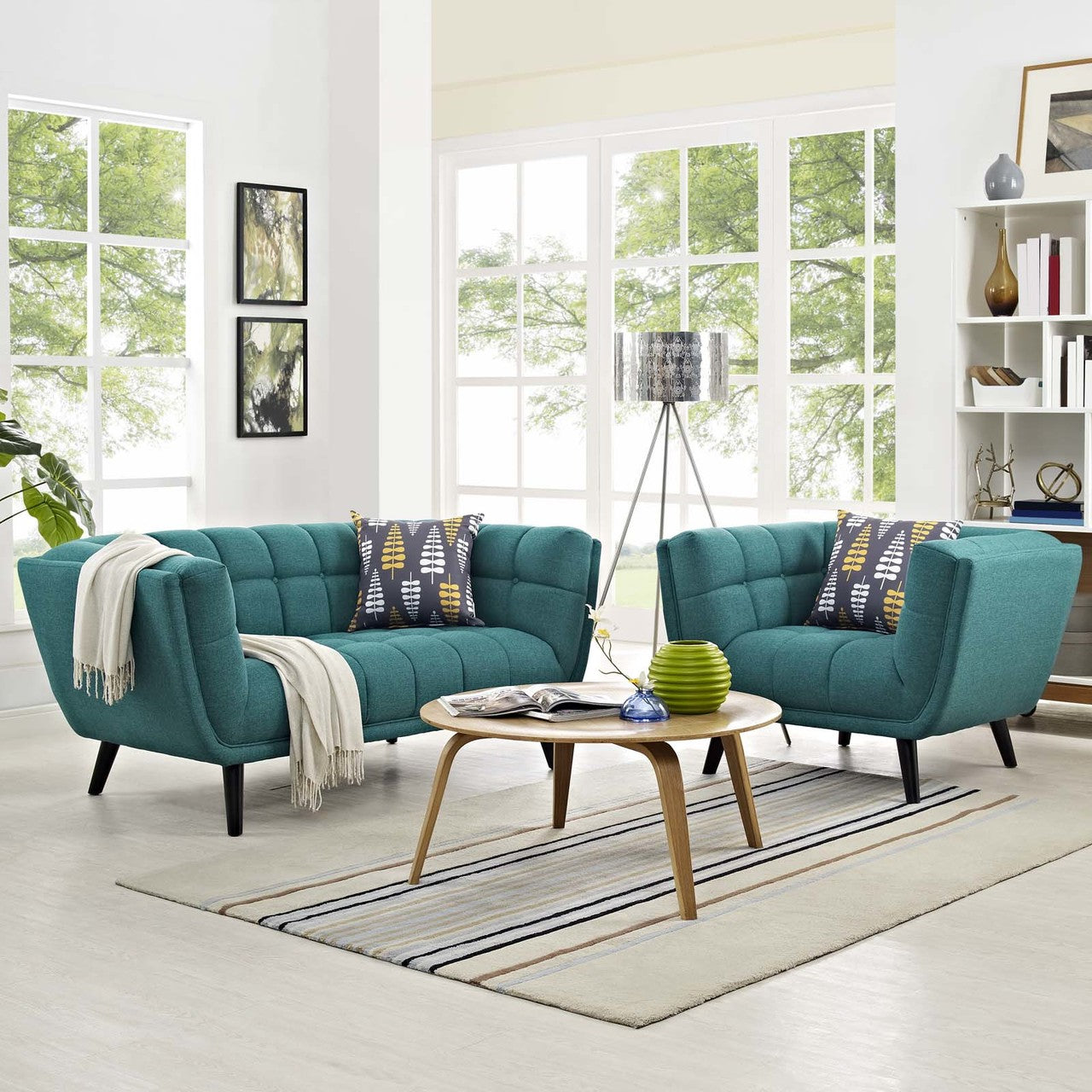 Bestow 2 Piece Upholstered Fabric Loveseat and Armchair Set, Fabric, Aqua Blue 13943