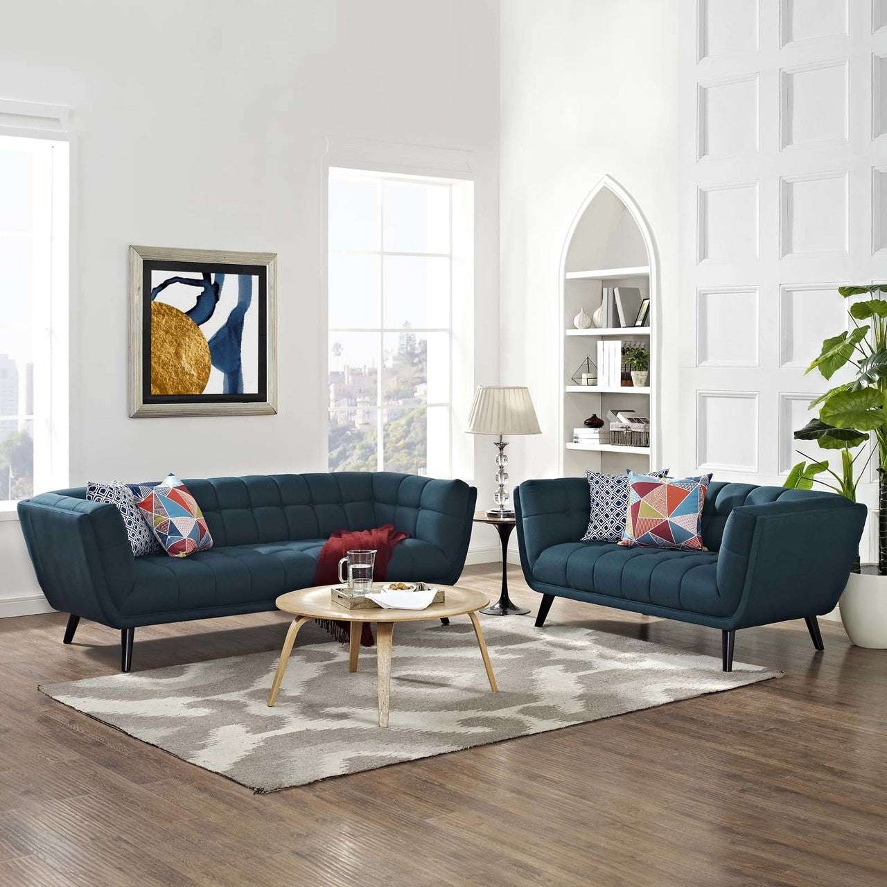 Bestow 2 Piece Upholstered Fabric Sofa and Loveseat Set, Fabric, Blue 13950