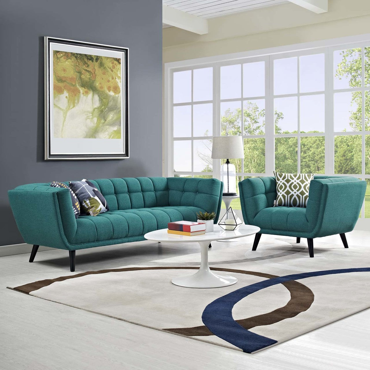 Bestow 2 Piece Upholstered Fabric Sofa and Armchair Set, Fabric, Aqua Blue 13955