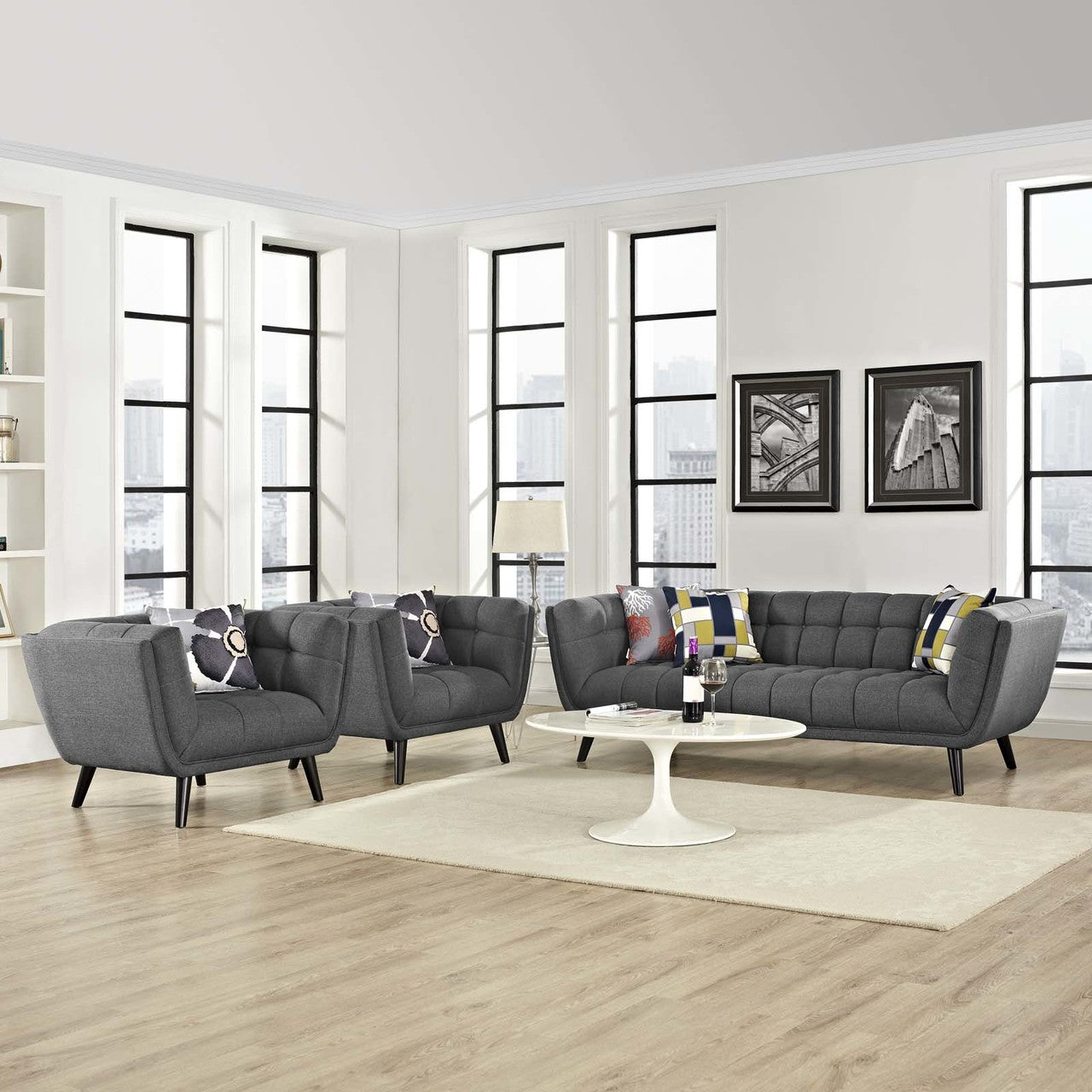 Bestow 3 Piece Upholstered Fabric Sofa and Armchair Set, Fabric, Grey Gray 13957