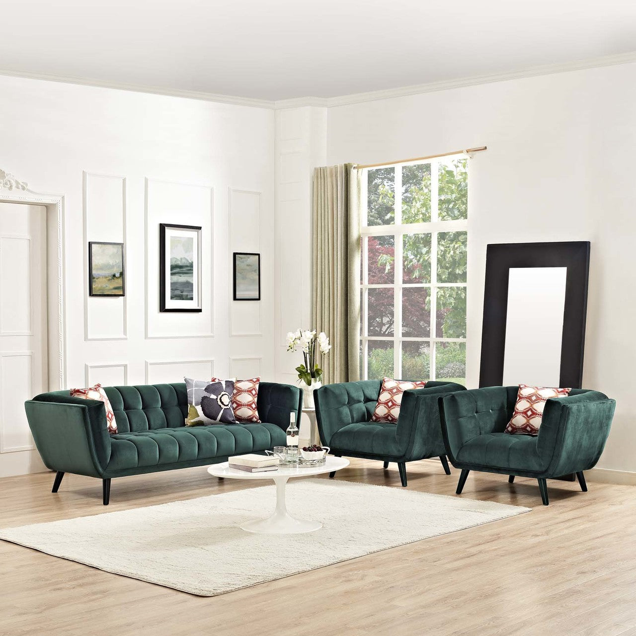 Bestow 3 Piece Velvet Sofa and Armchair Set, Velvet Fabric, Green 13968