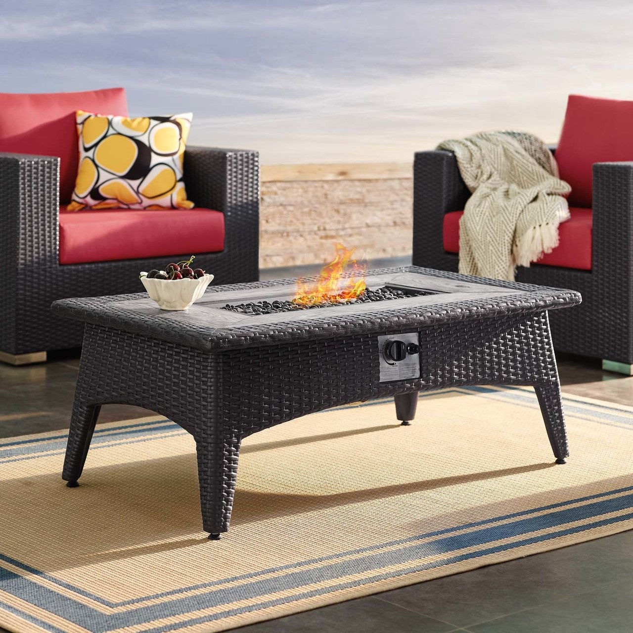 Splender 43.5" Rectangle Outdoor Patio Fire Pit Table, Rattan Wicker, Dark Grey Gray 15289
