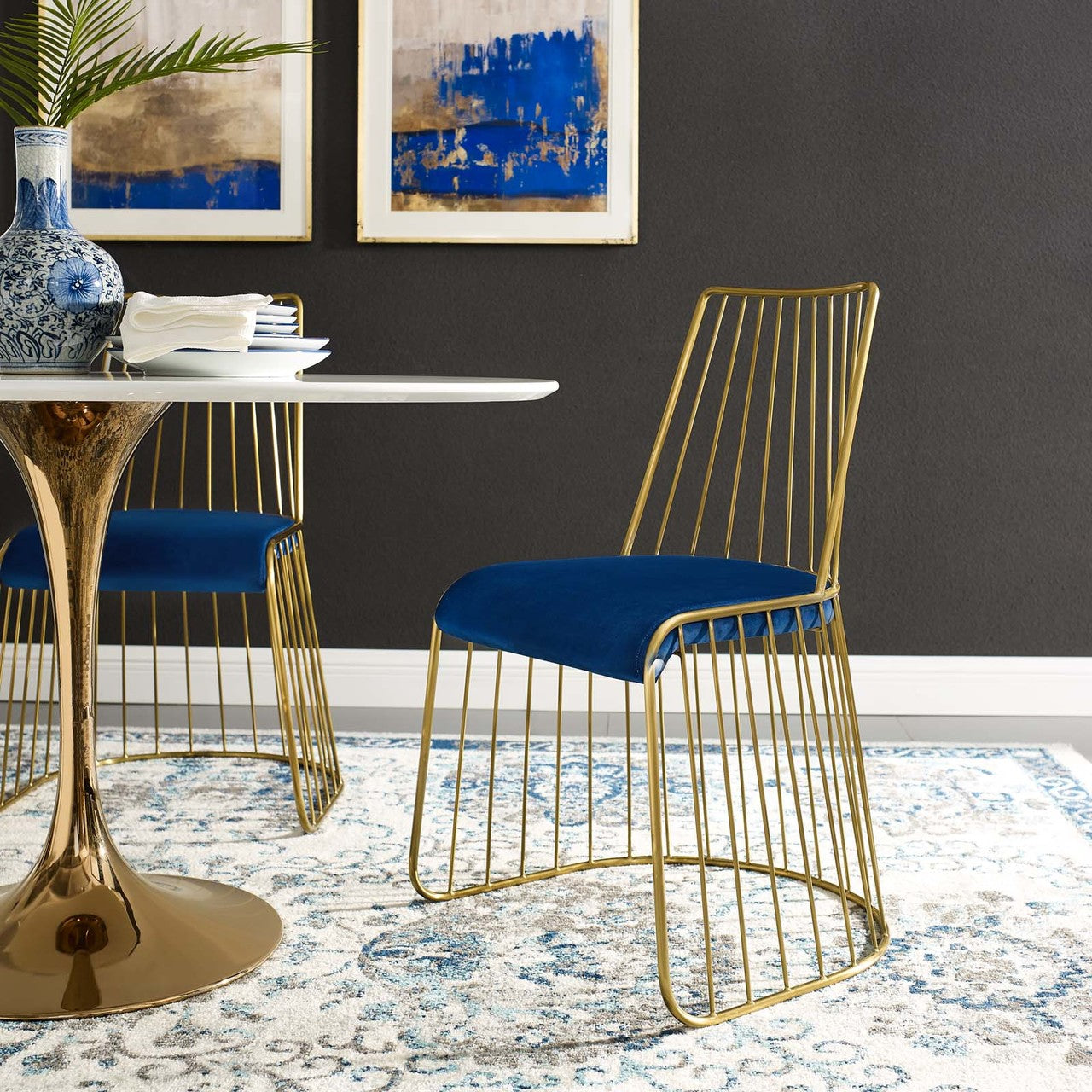 Rivulet Gold Stainless Steel Upholstered Velvet Dining Chair, Velvet Fabric Metal Steel, Gold Navy 15190